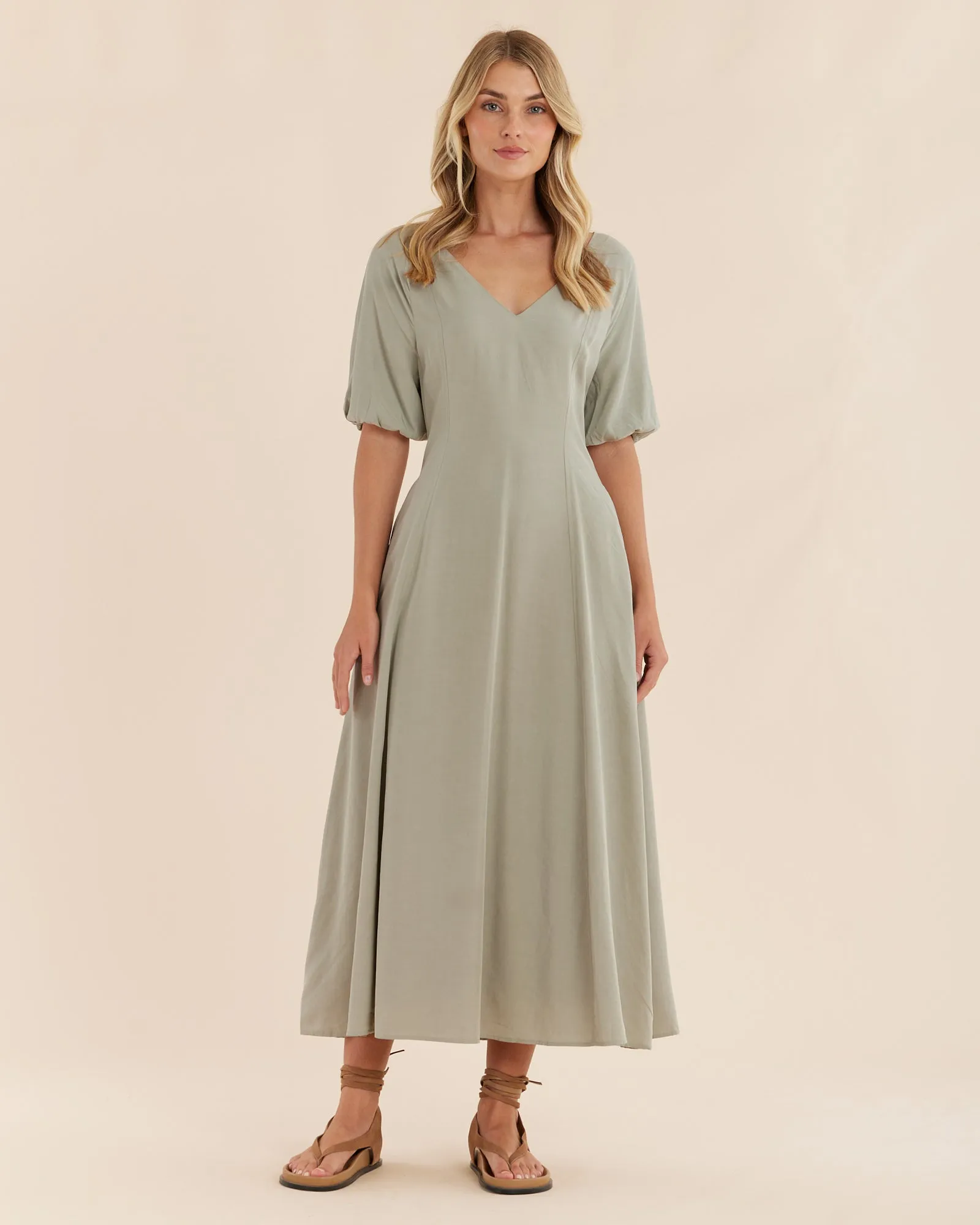 Auguste Puff Sleeve Midi Dress - Sage