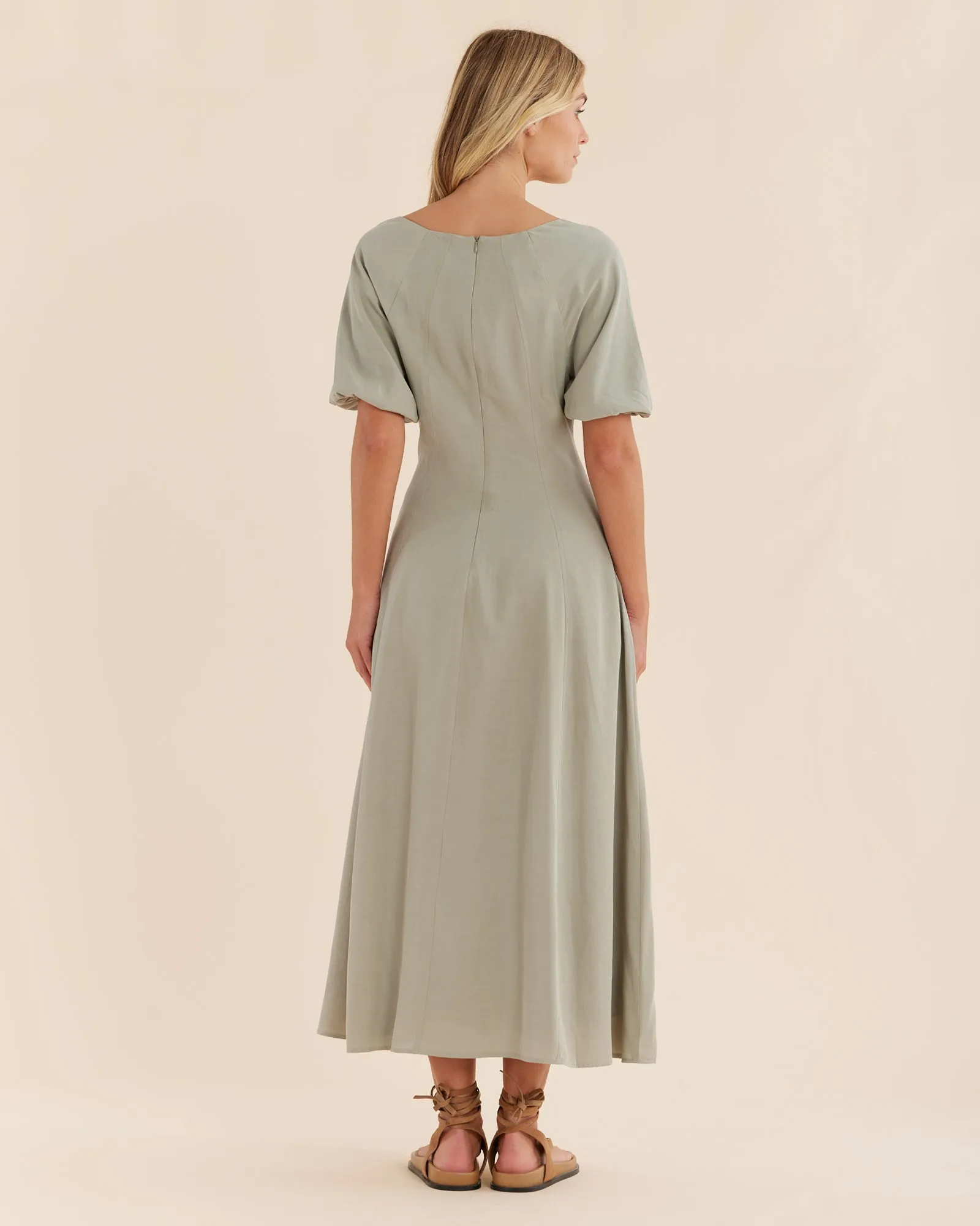 Auguste Puff Sleeve Midi Dress - Sage