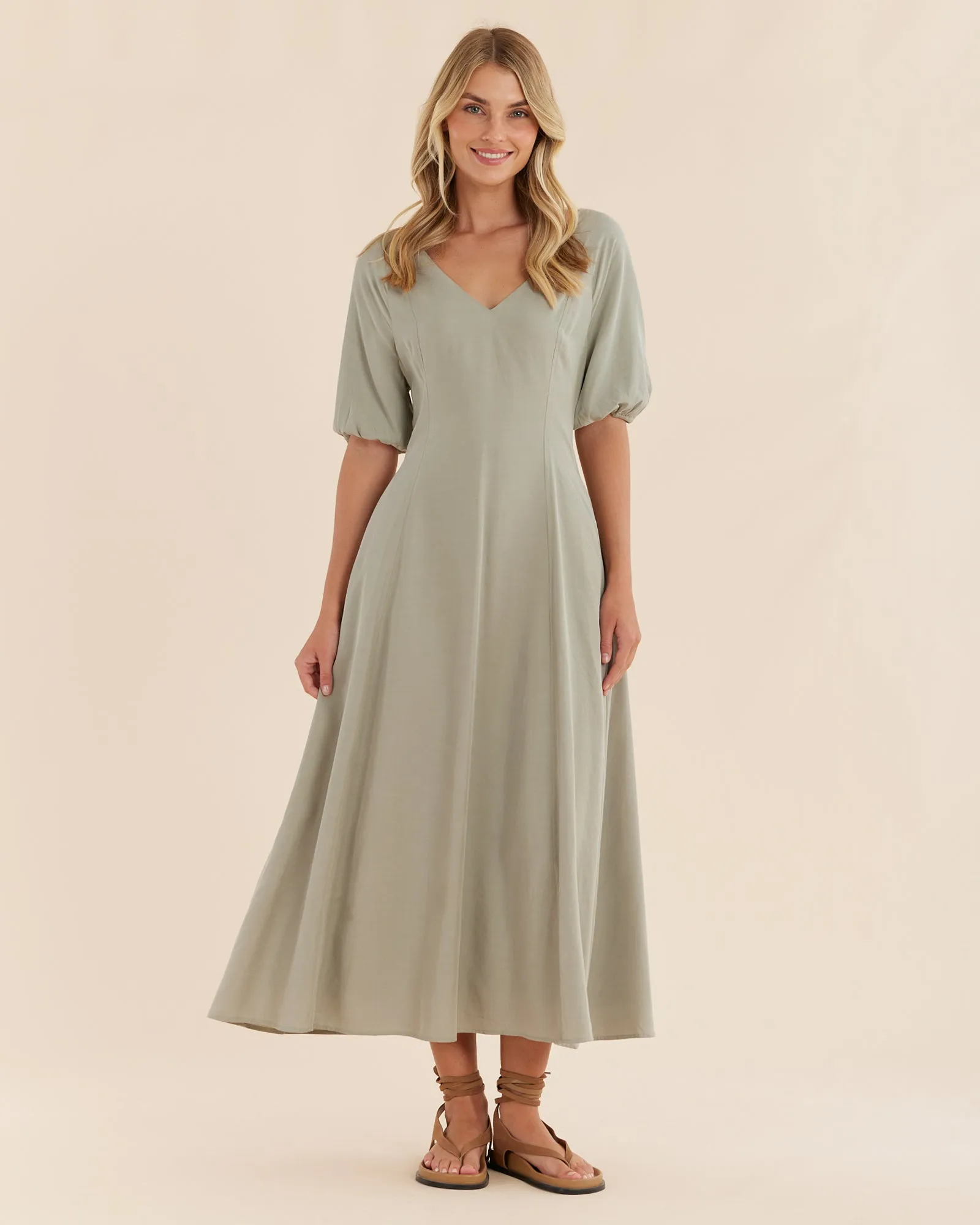 Auguste Puff Sleeve Midi Dress - Sage