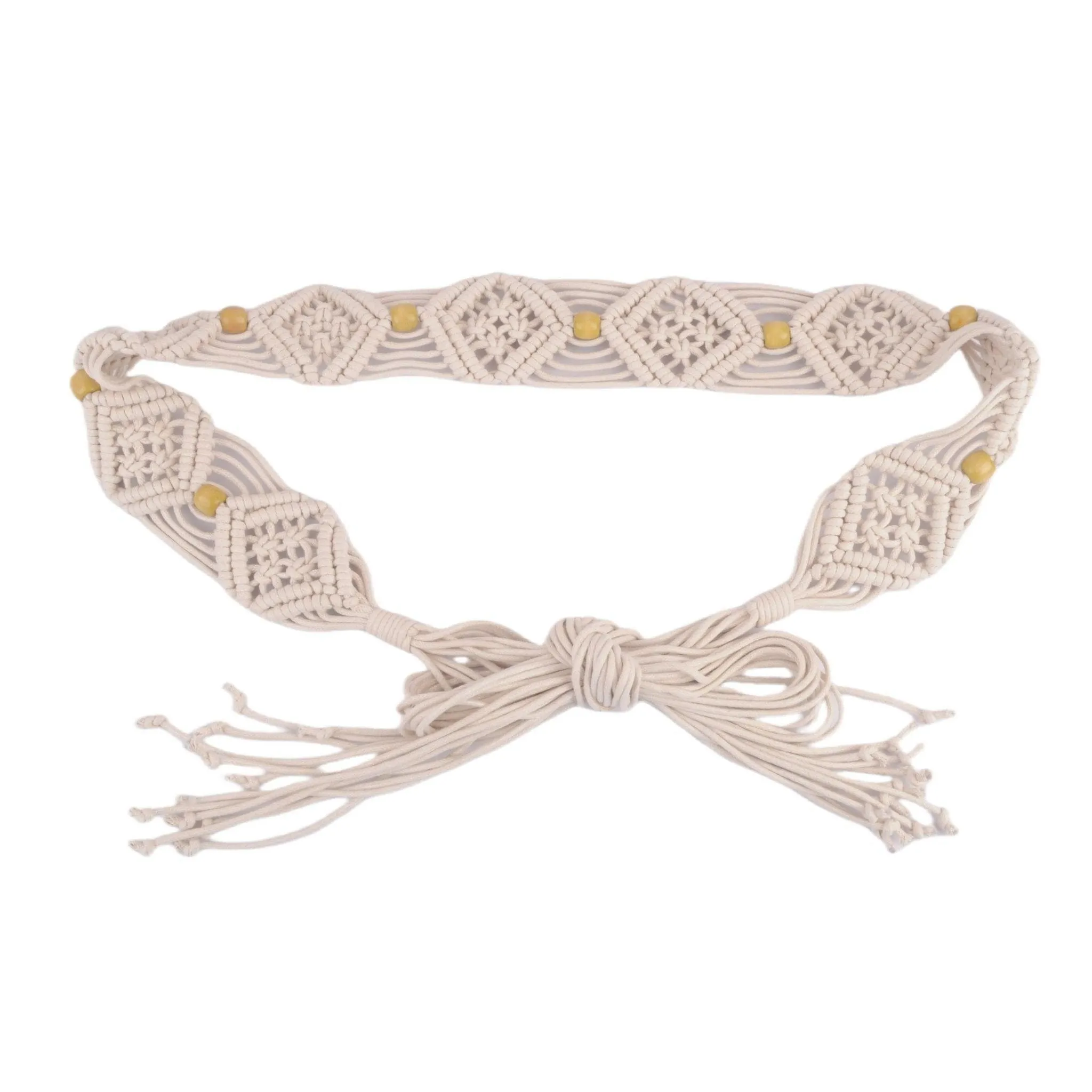 Beige Rope Waist Tie Belt with Beading Accent