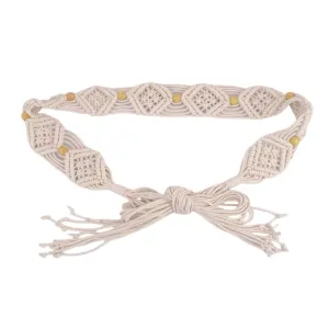 Beige Rope Waist Tie Belt with Beading Accent