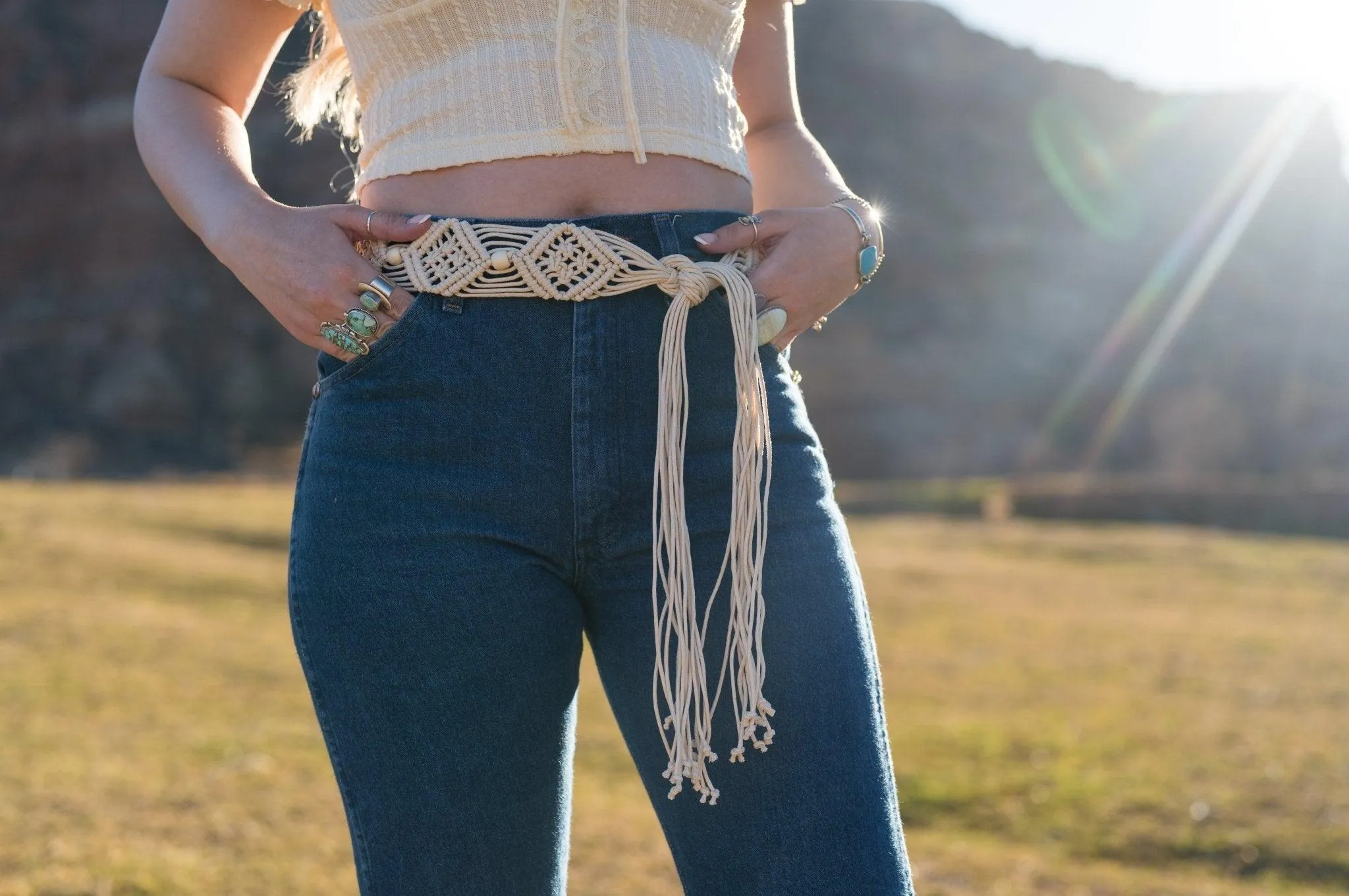 Beige Rope Waist Tie Belt with Beading Accent