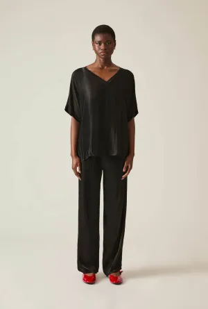 Black Satin Short-Sleeve Top