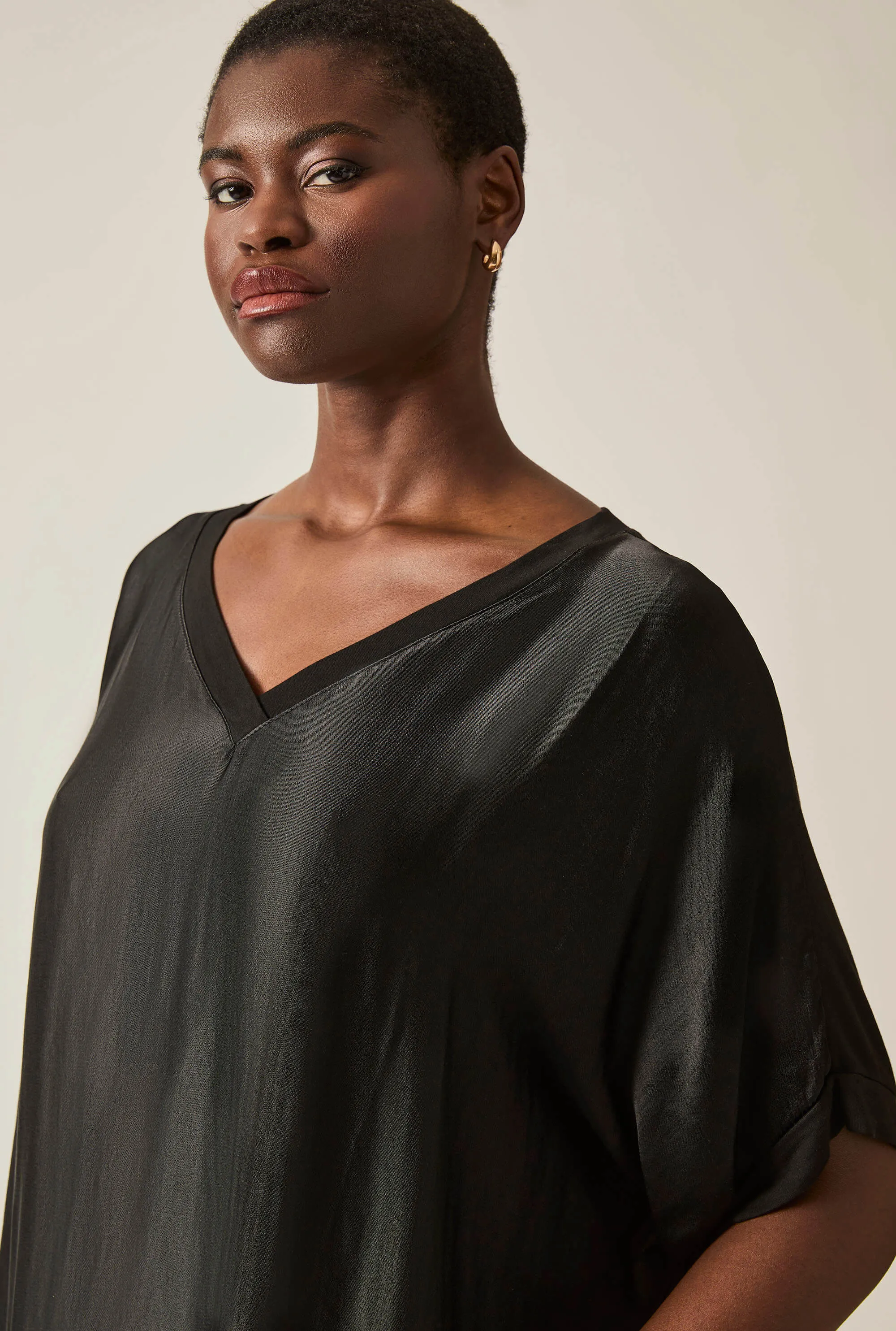 Black Satin Short-Sleeve Top