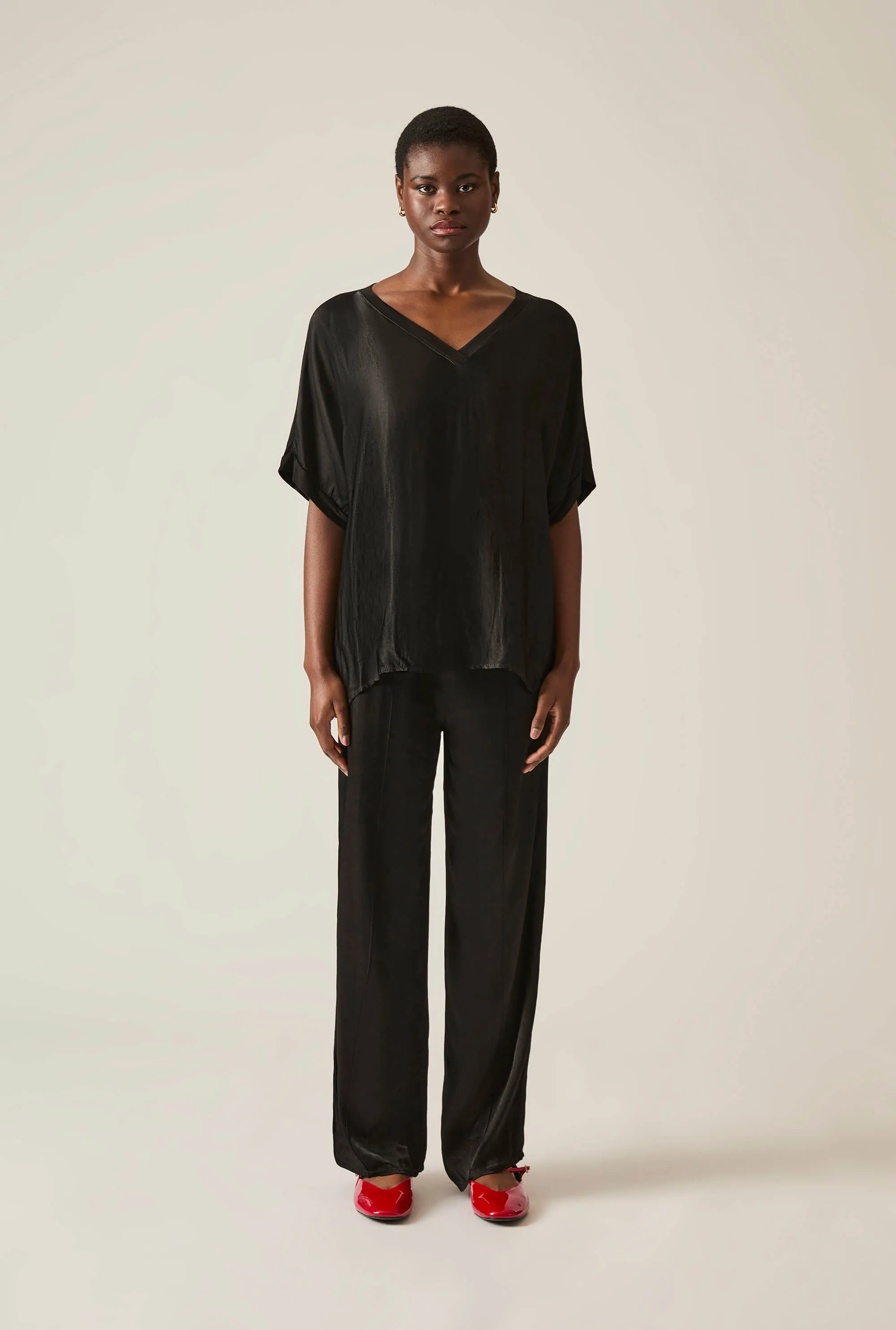 Black Satin Short-Sleeve Top
