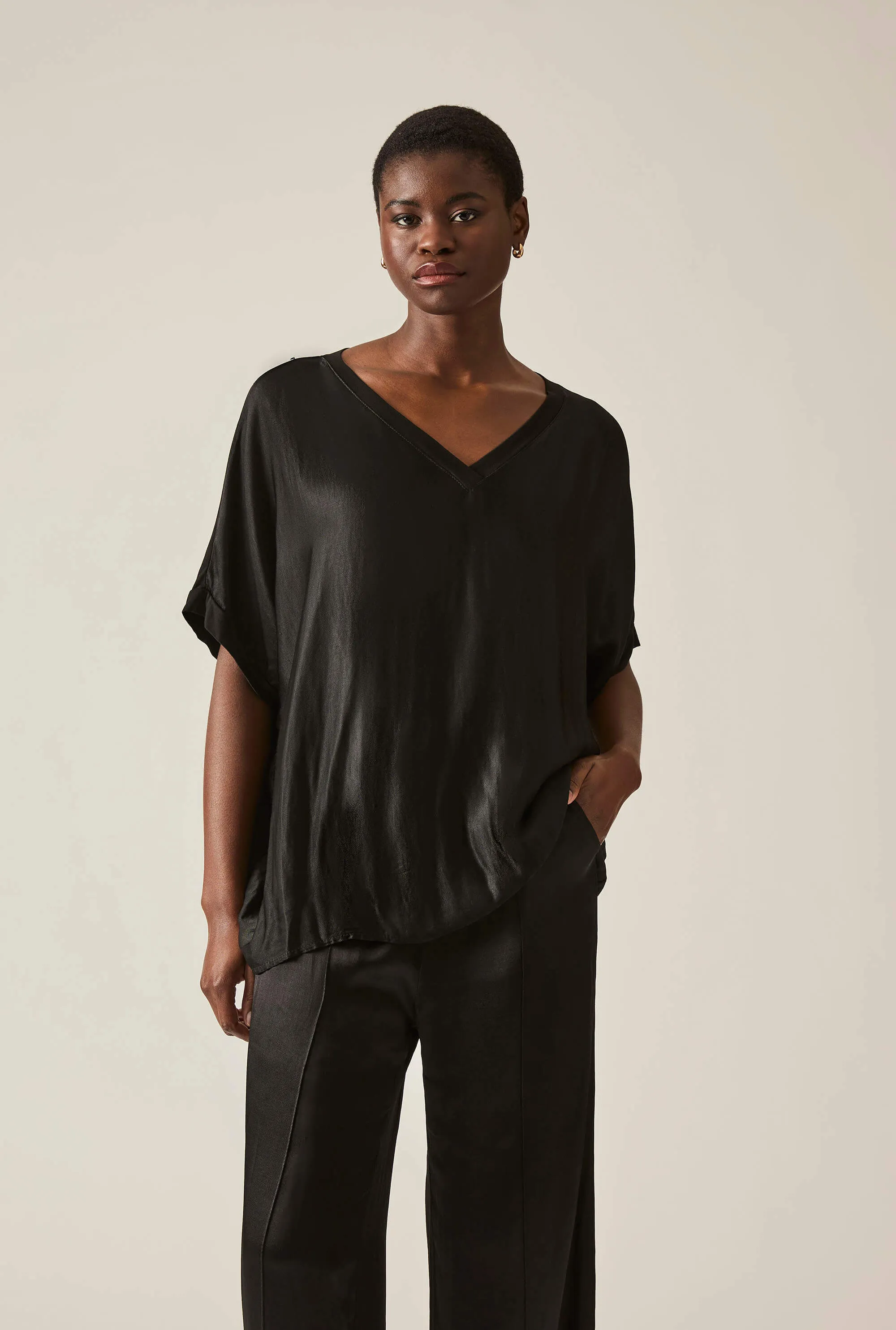 Black Satin Short-Sleeve Top