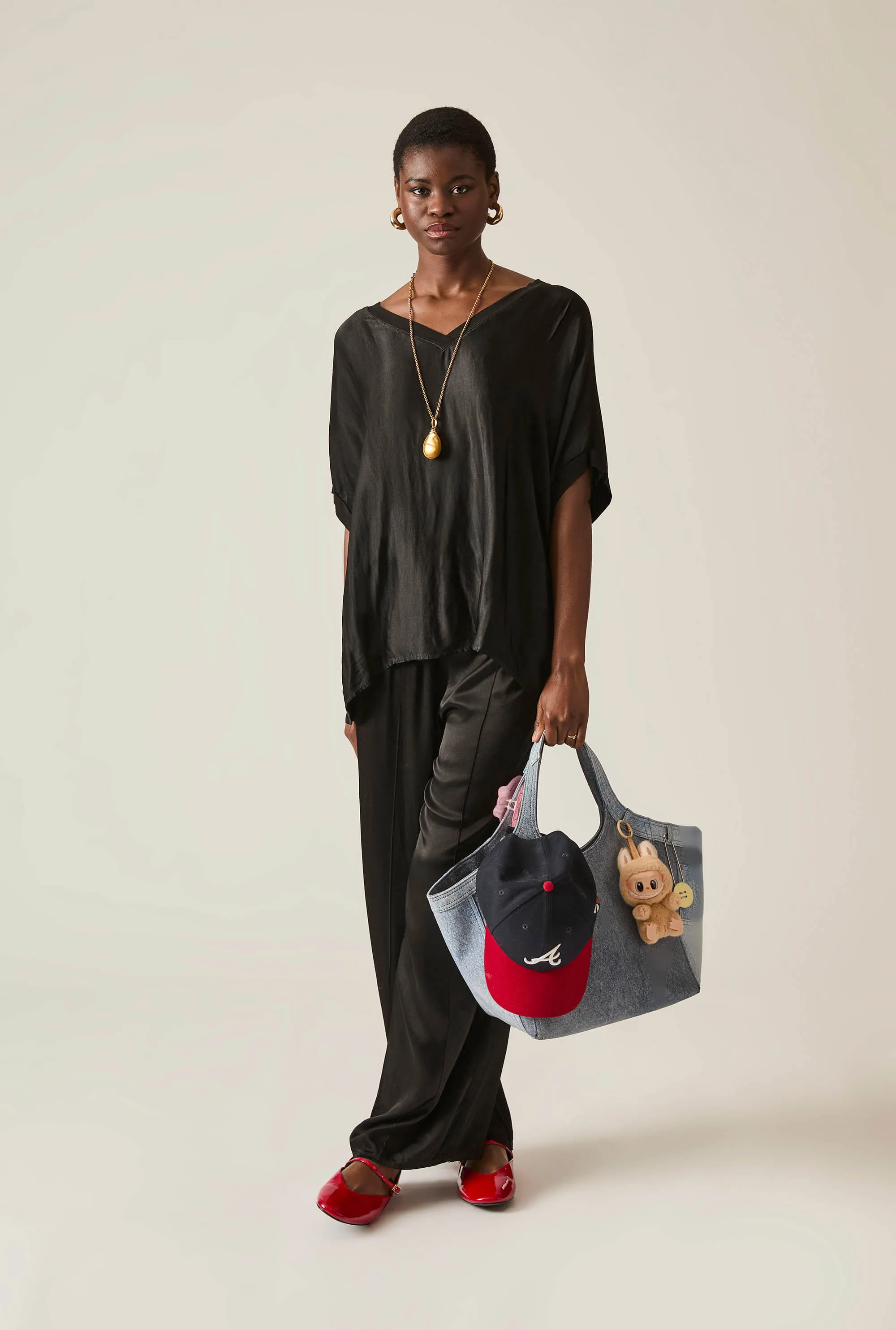 Black Satin Short-Sleeve Top
