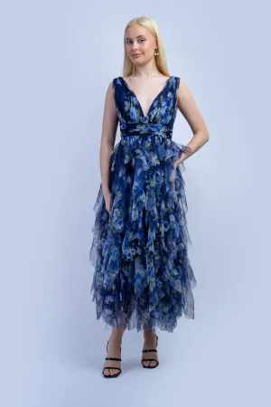 Blue Green Floral Tulle V Dress