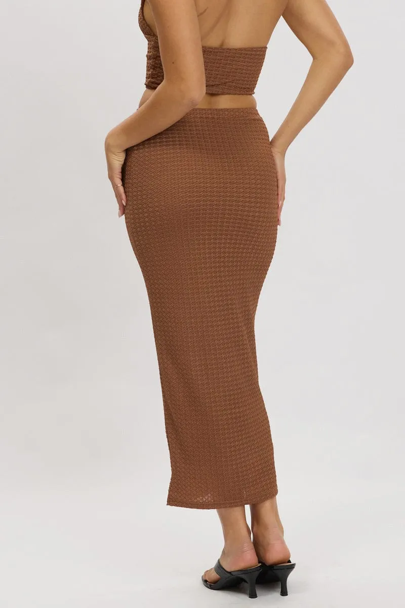 Brown Midi Skirt High Rise Textured Jersey