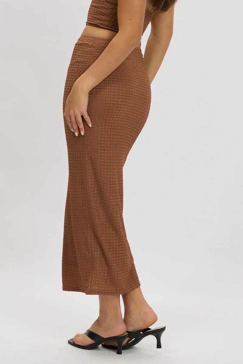 Brown Midi Skirt High Rise Textured Jersey