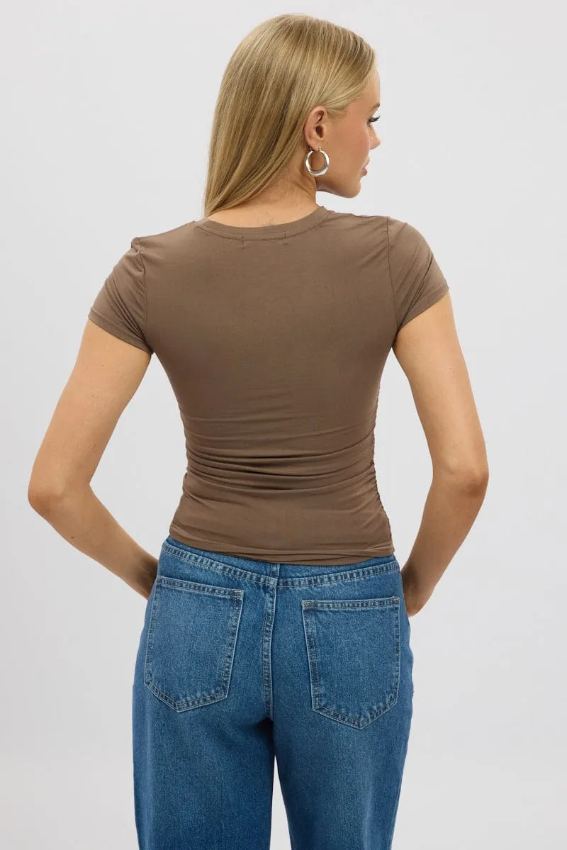 Brown T Shirt Short Sleeve Crew Neck Modal