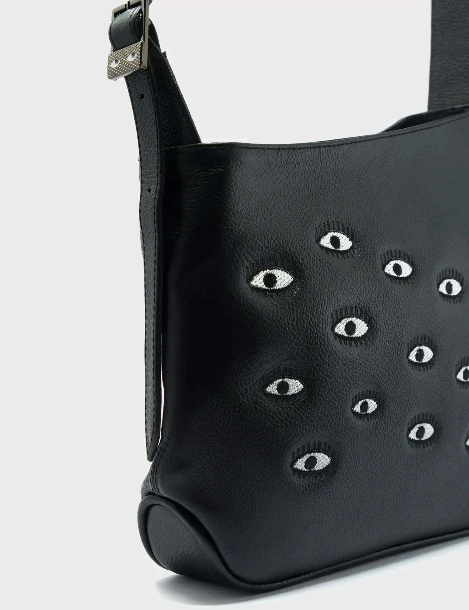 Bruno Hobo Shoulder Bag Black Leather - All Over Eyes Embroidery