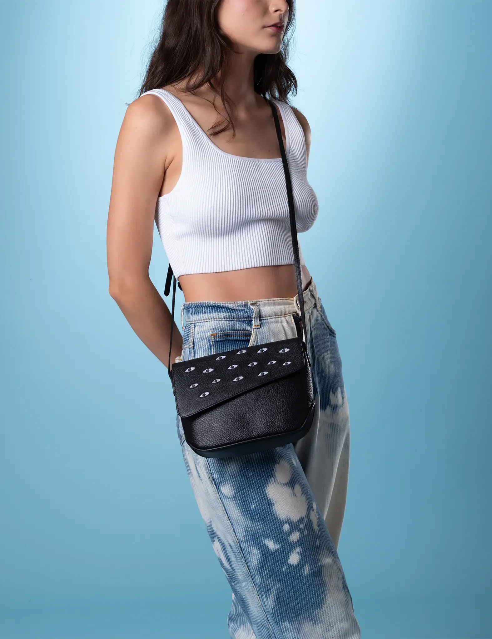 Bruno Mini Crossbody Black Leather Bag - All Over Eyes Embroidery