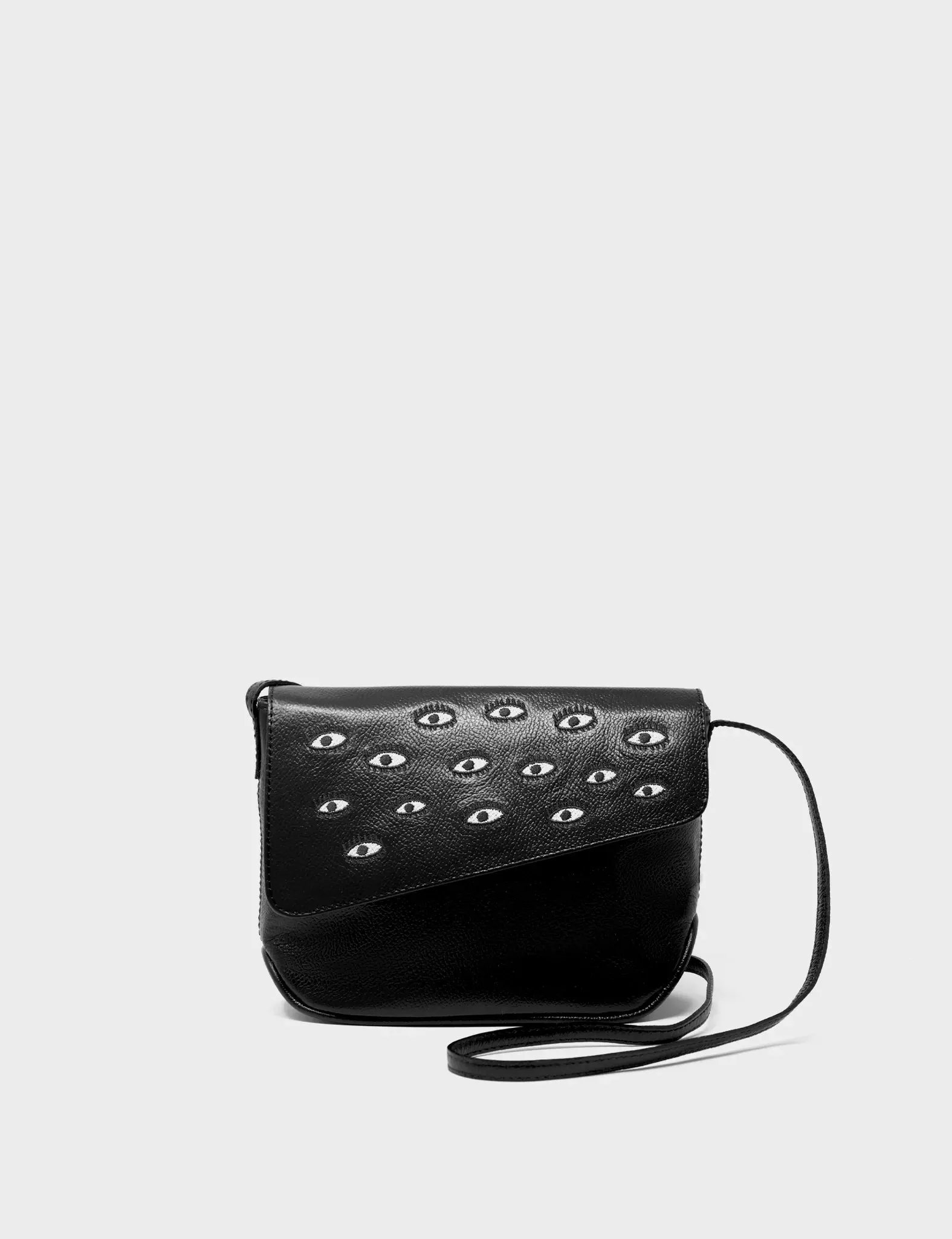 Bruno Mini Crossbody Black Leather Bag - All Over Eyes Embroidery