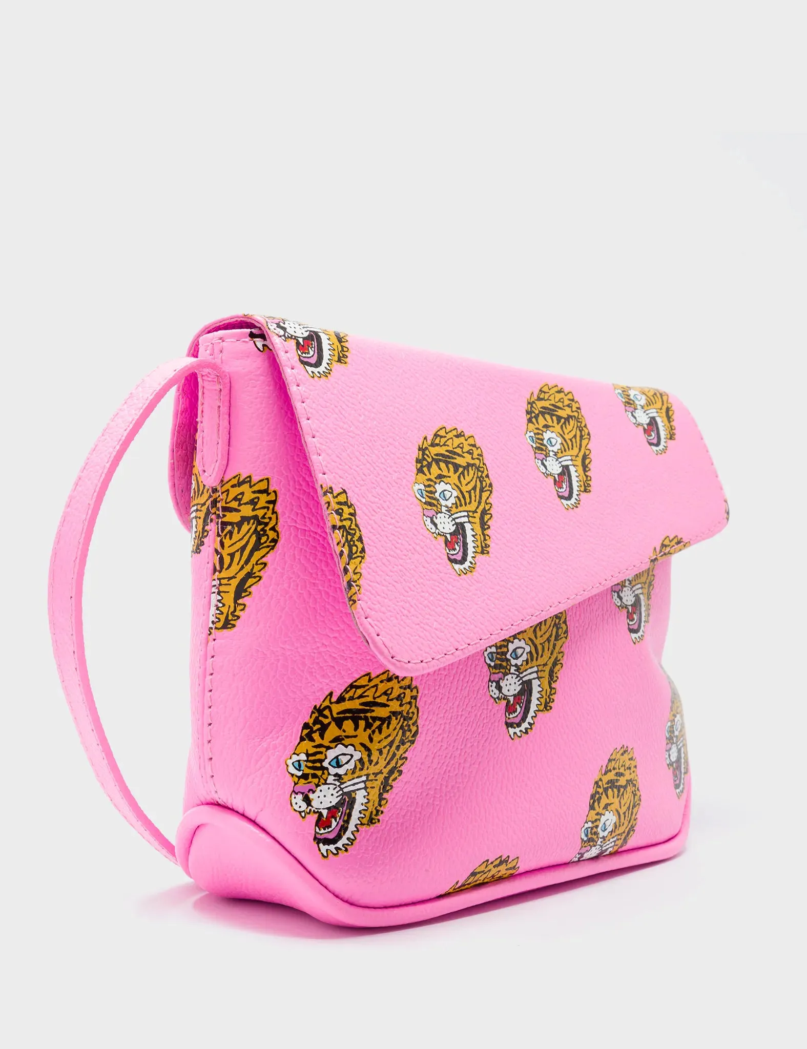 Bruno Mini Crossbody Bubblegum Pink Leather Bag - Blazing Tiger Print