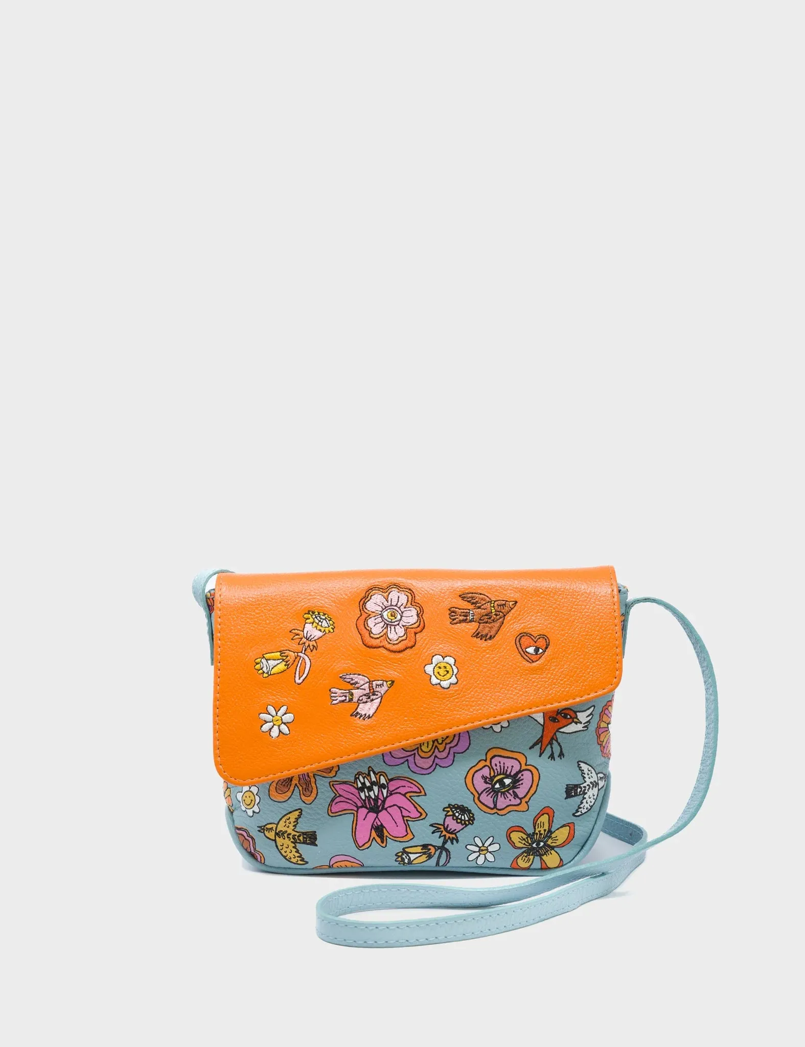 Bruno Mini Crossbody Sterling Blue Leather Bag - Vintage Bloom Design