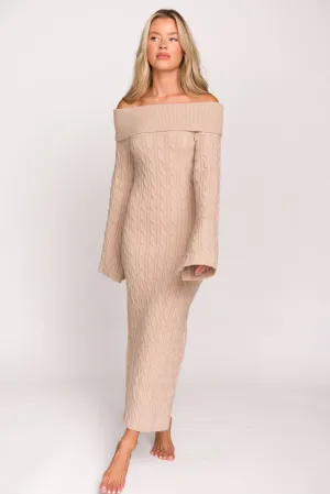 Carley Off-the-Shoulder Cable Knit Maxi Dress in Oatmeal