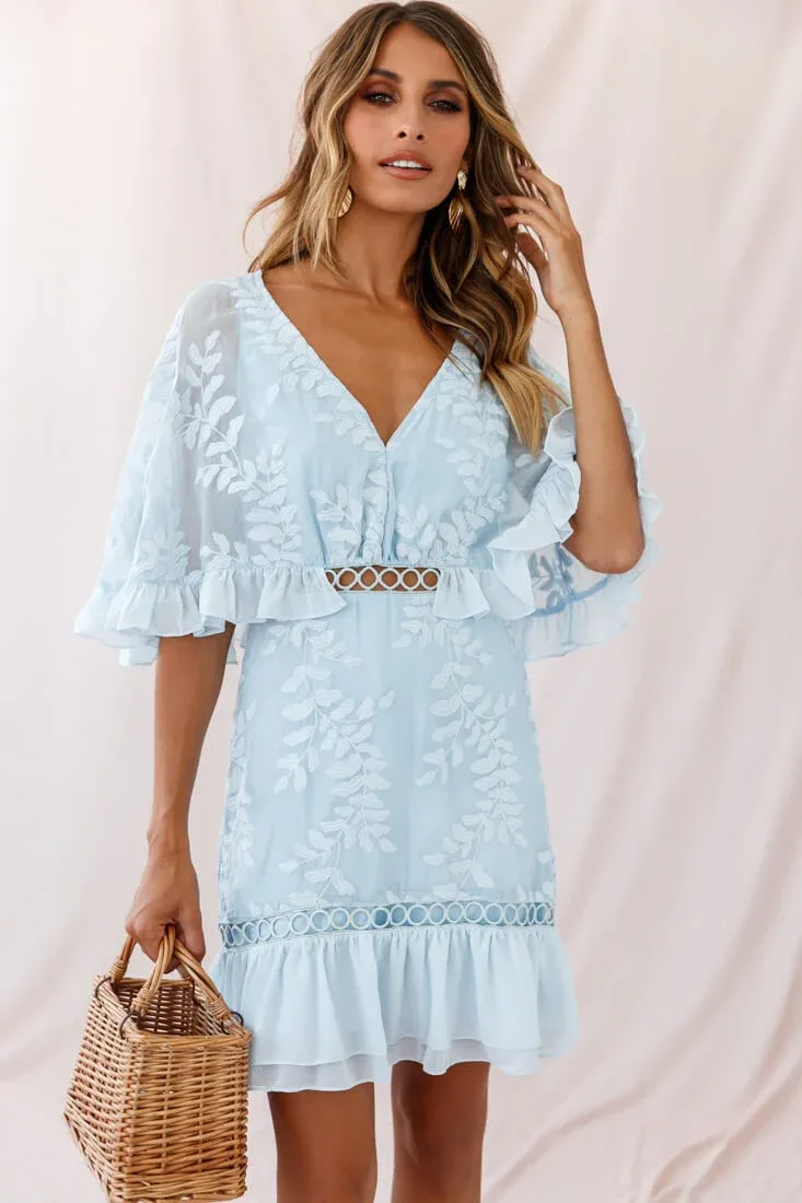 Caspar Leafy Embroidered Dress Baby Blue Tall
