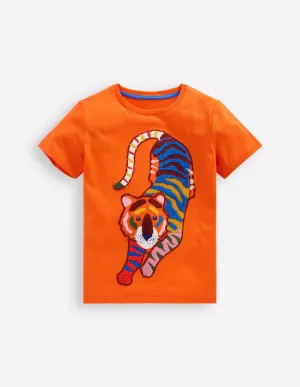 Chain Stitch T-Shirt-Hot Coral tiger