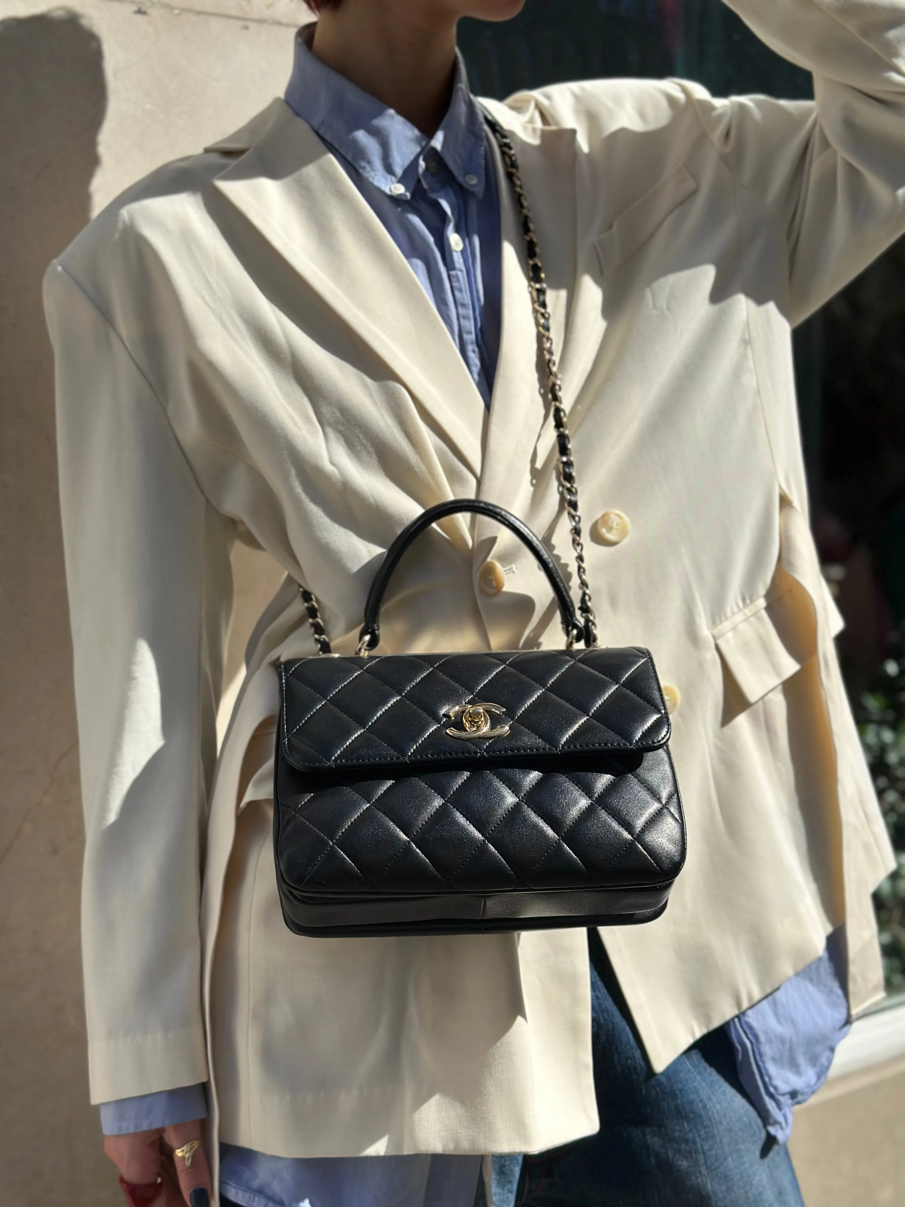 Chanel Black Lambskin Leather Top Handle Trendy Shoulder Bag