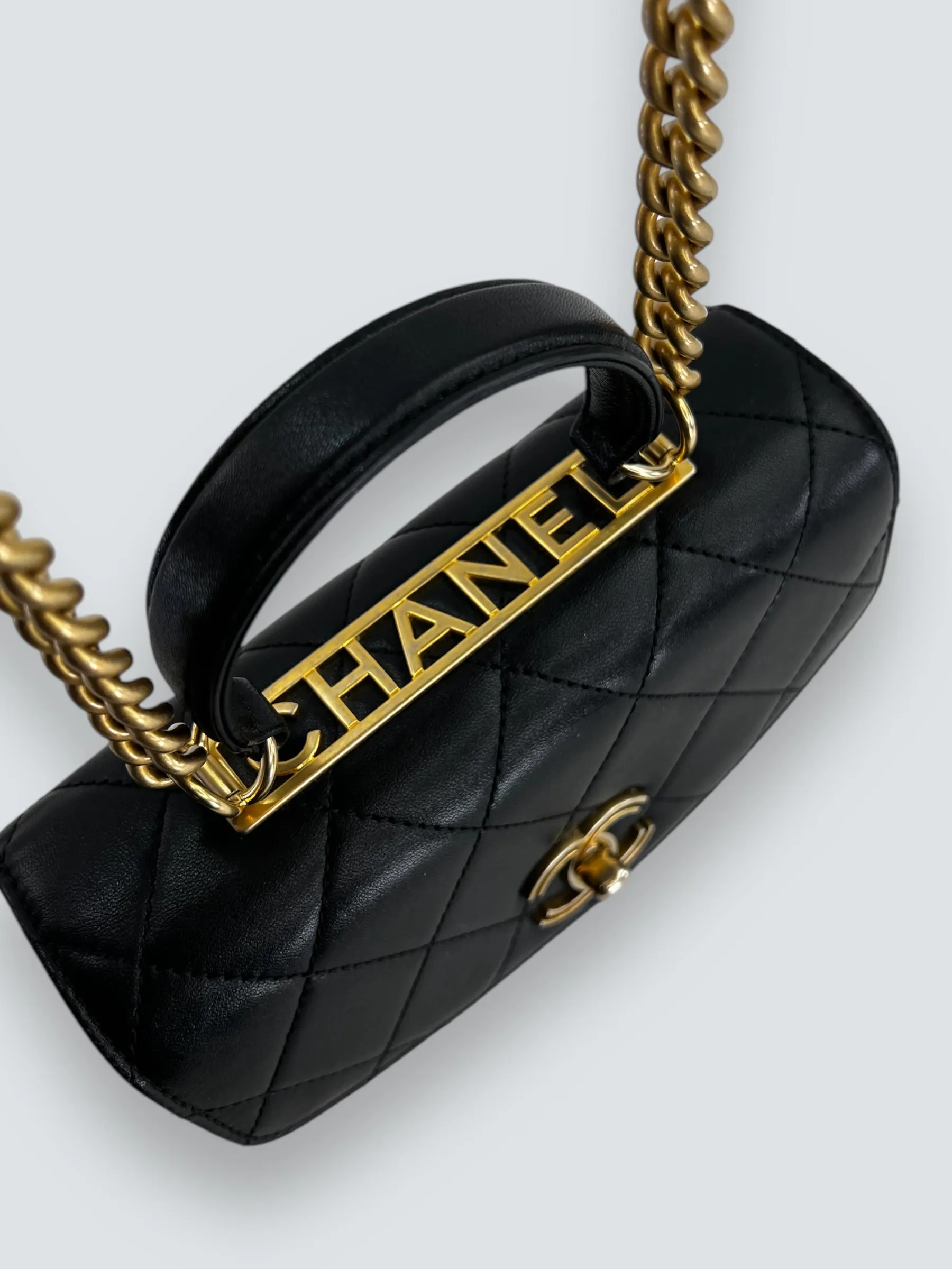 Chanel Black Quilted Lambskin Leather Trendy Top Handle Shoulder Bag