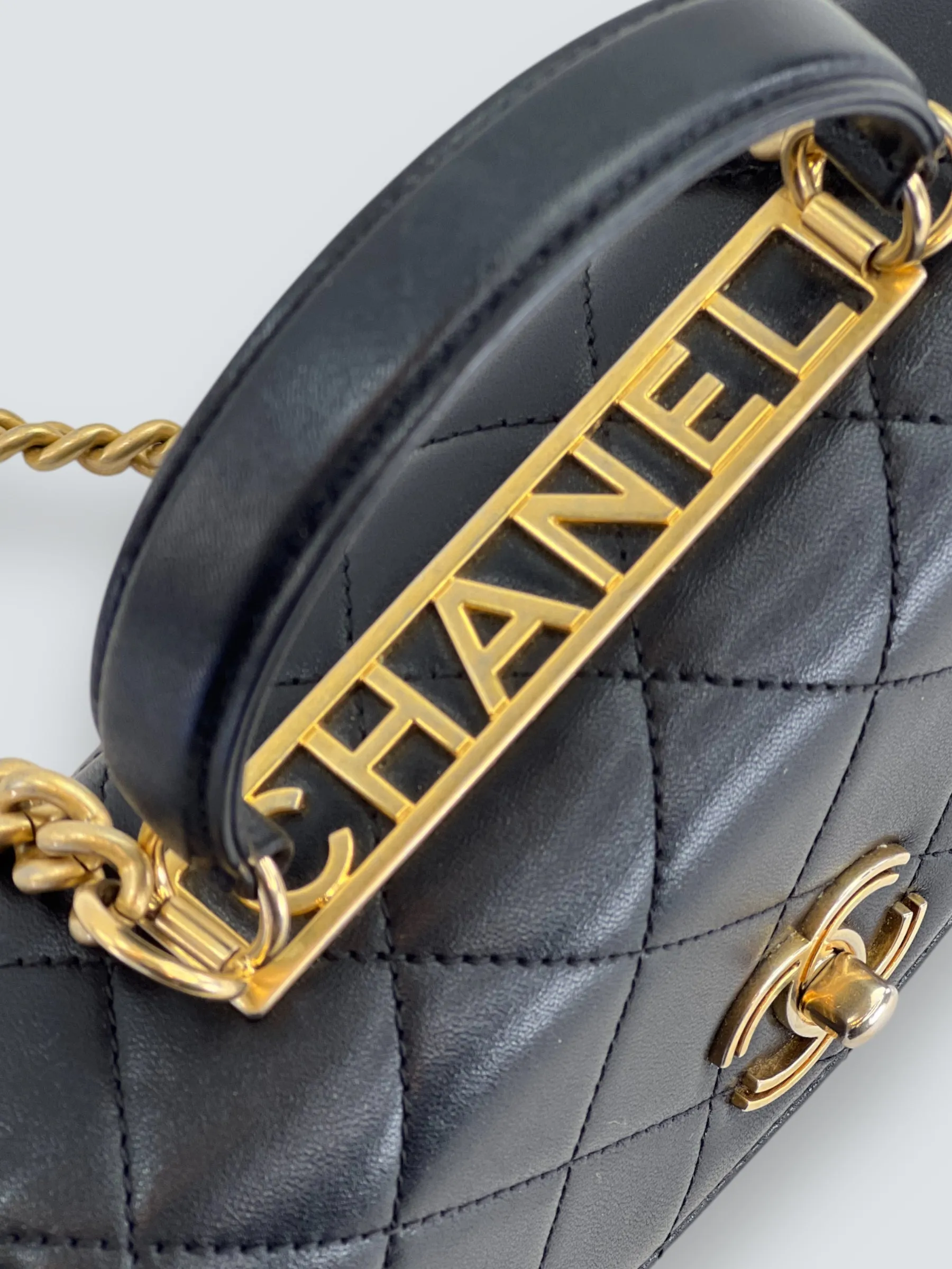 Chanel Black Quilted Lambskin Leather Trendy Top Handle Shoulder Bag