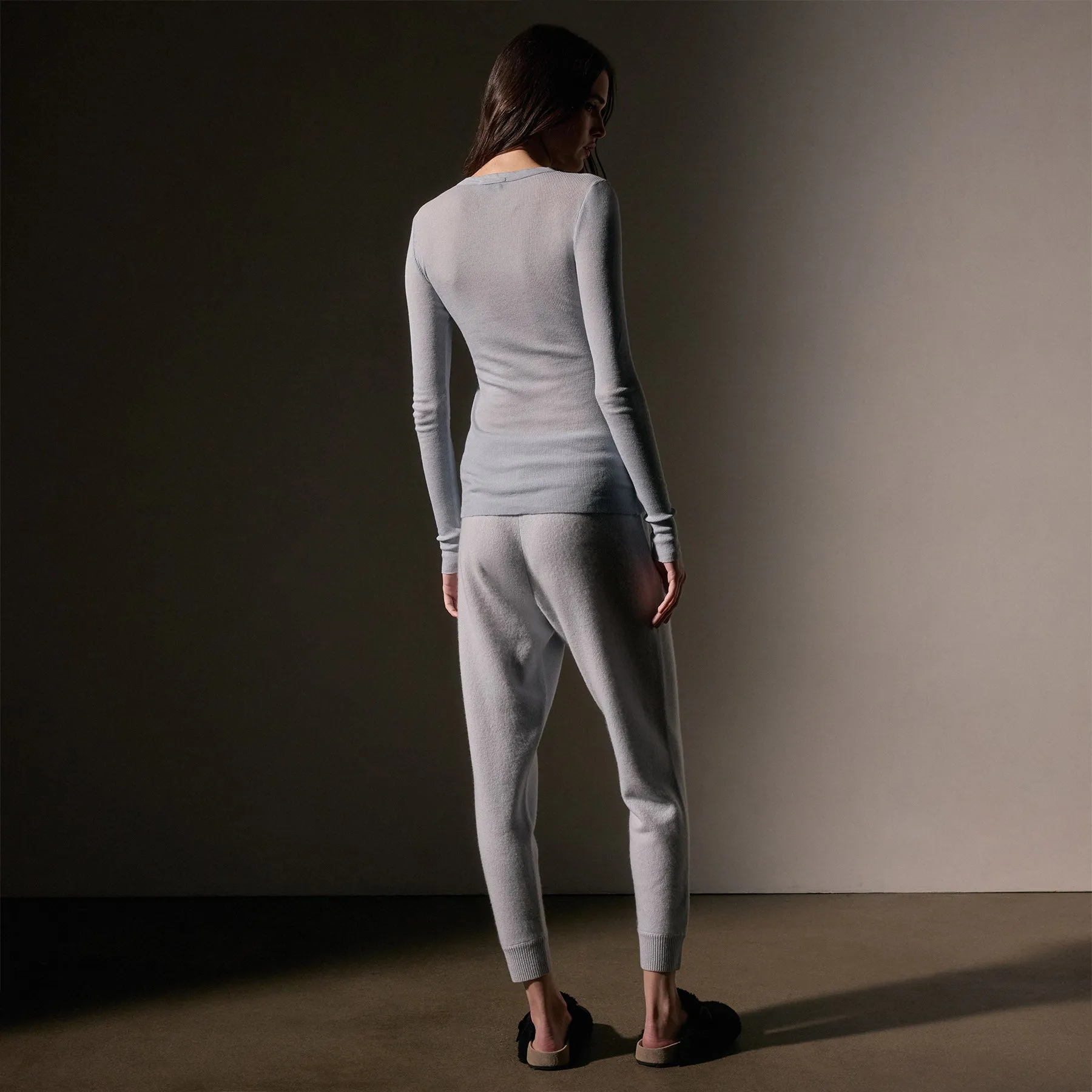 Cotton Cashmere Blend Ribbed Long Sleeve Crew - Grey Glacier