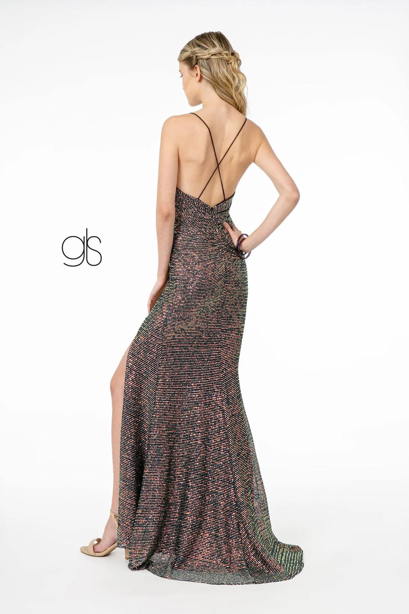 Full Sequin Ruched V-Neck Long Prom Dress