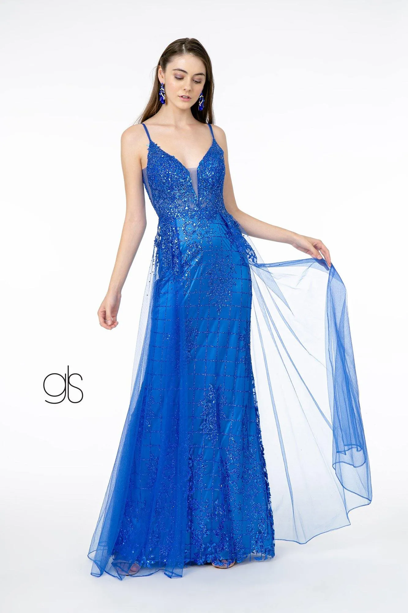 Glitter Mesh Illusion Deep V-Neck Long Prom Dress