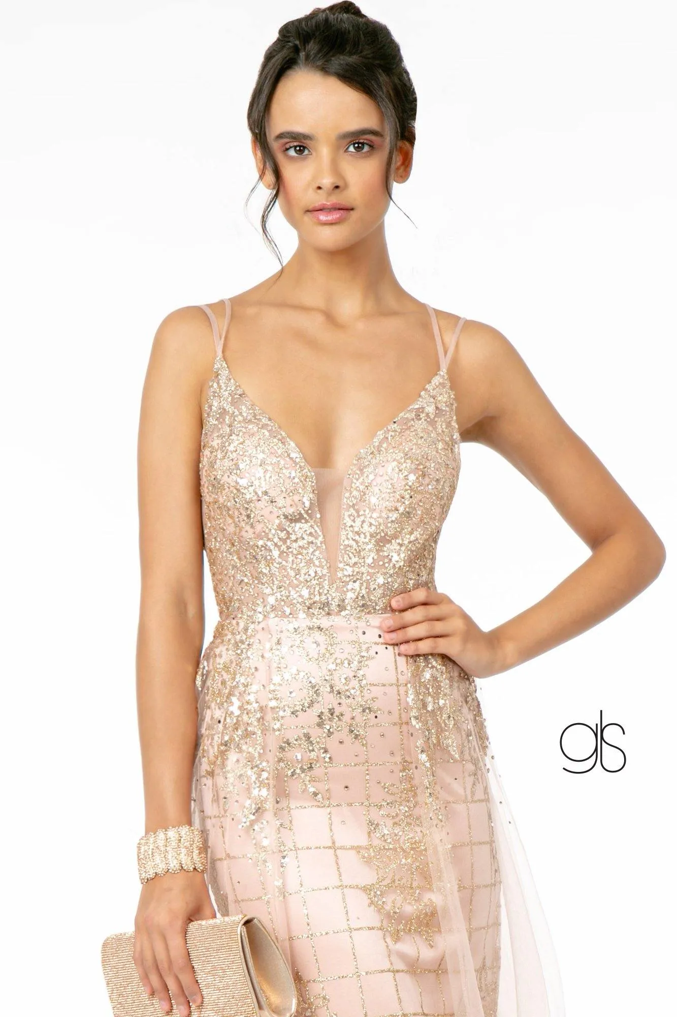 Glitter Mesh Illusion Deep V-Neck Long Prom Dress