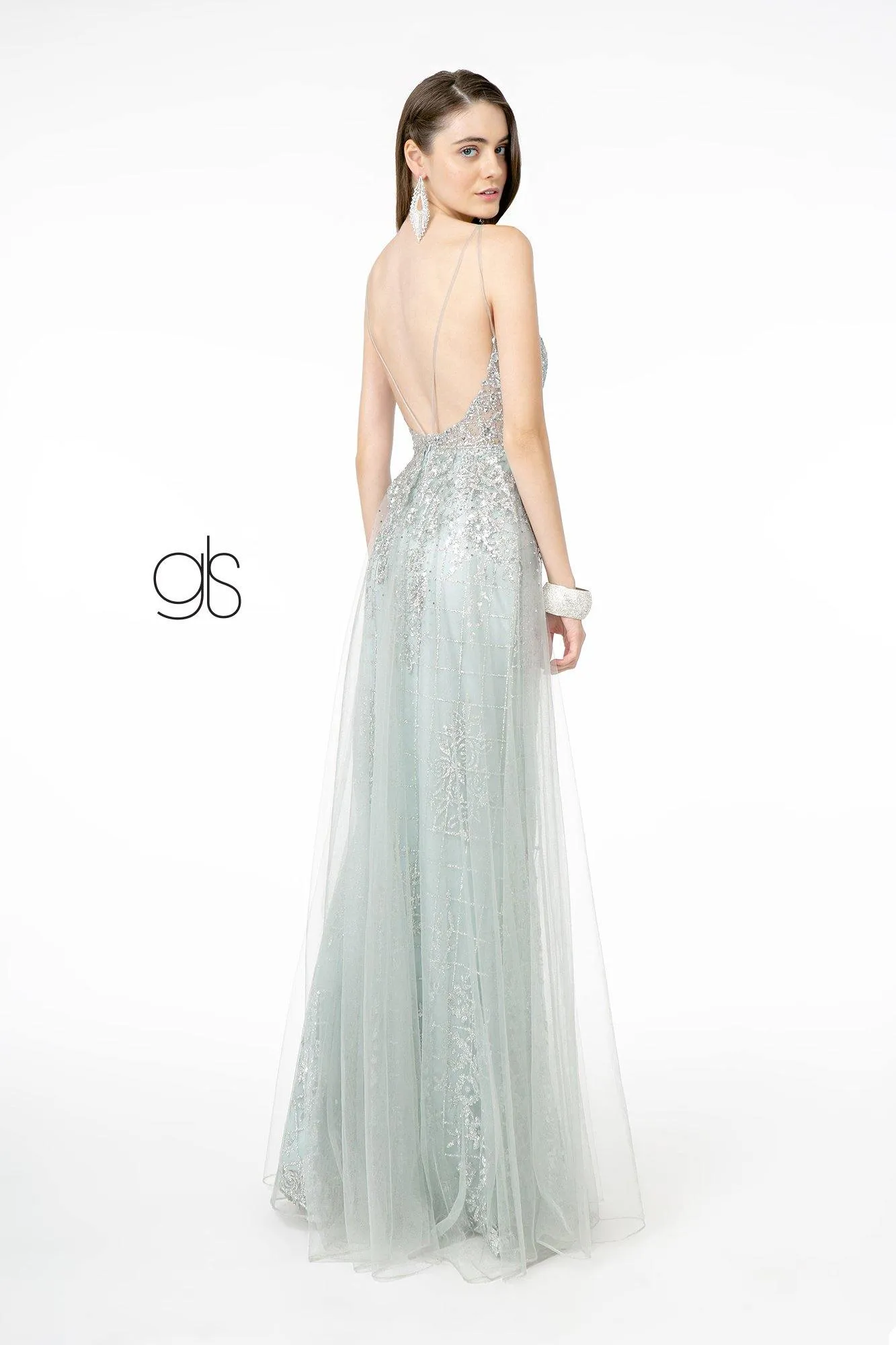 Glitter Mesh Illusion Deep V-Neck Long Prom Dress