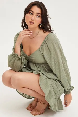 Green Smock Dress Long Sleeve Mini