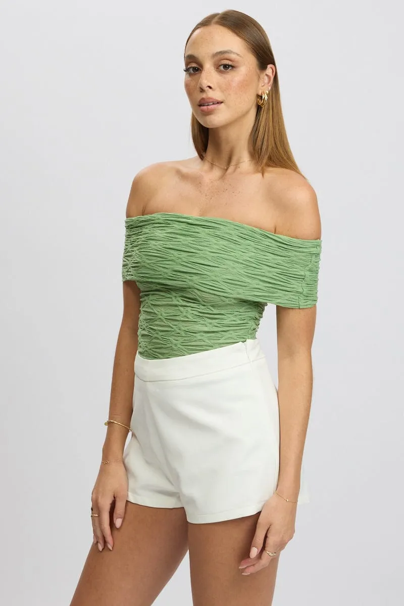 Green Textured Top Off Shoulder