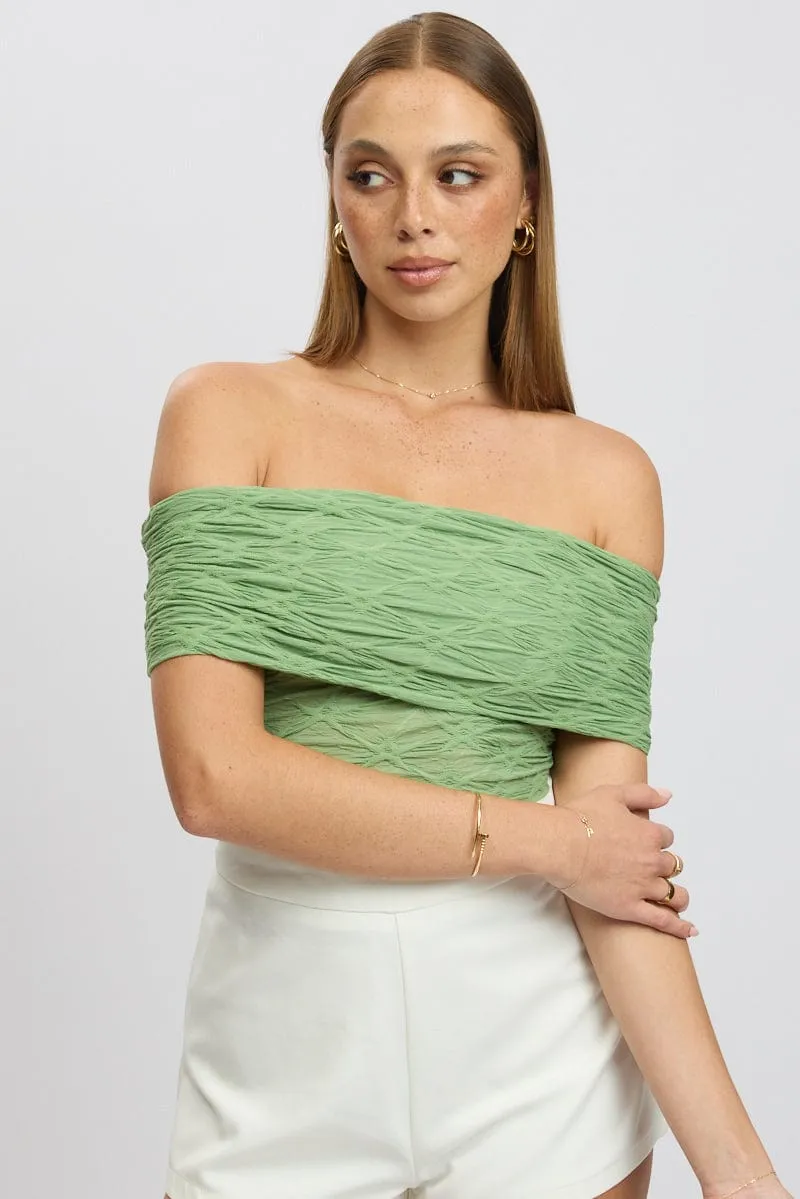 Green Textured Top Off Shoulder
