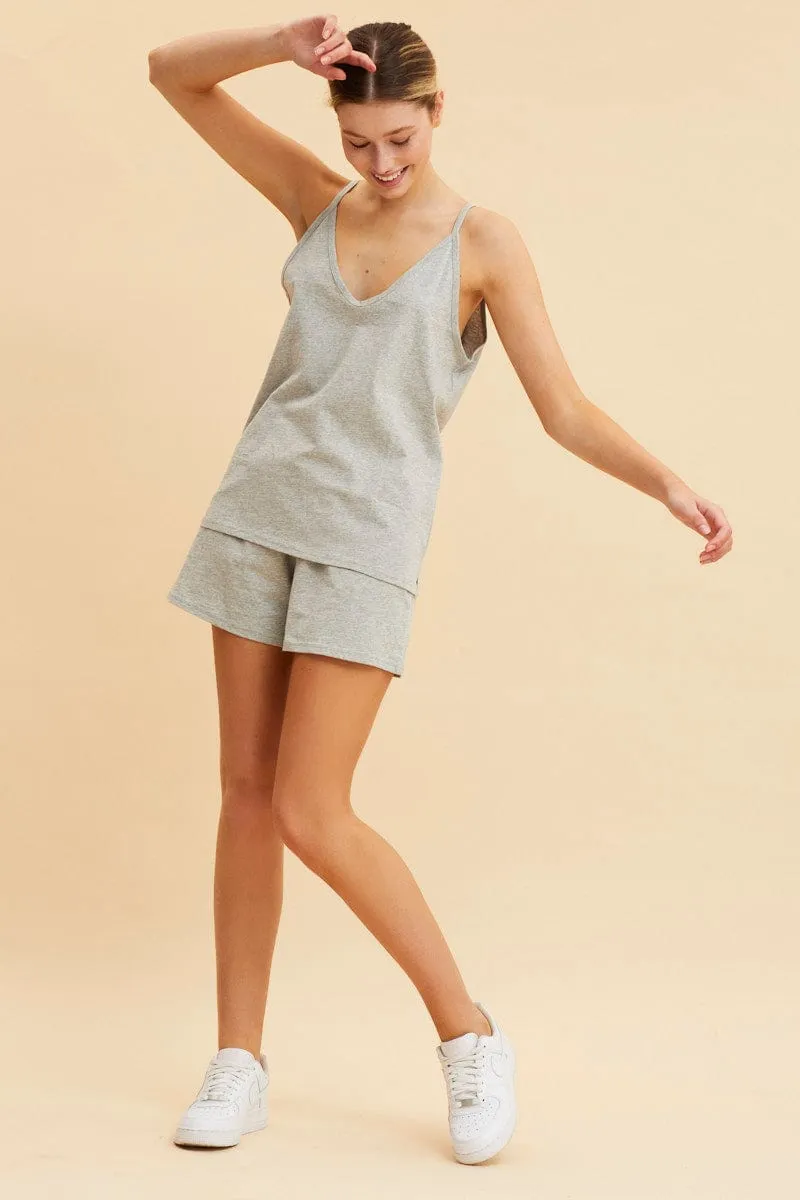 Grey V Neck Singlet Cotton Relaxed Fit