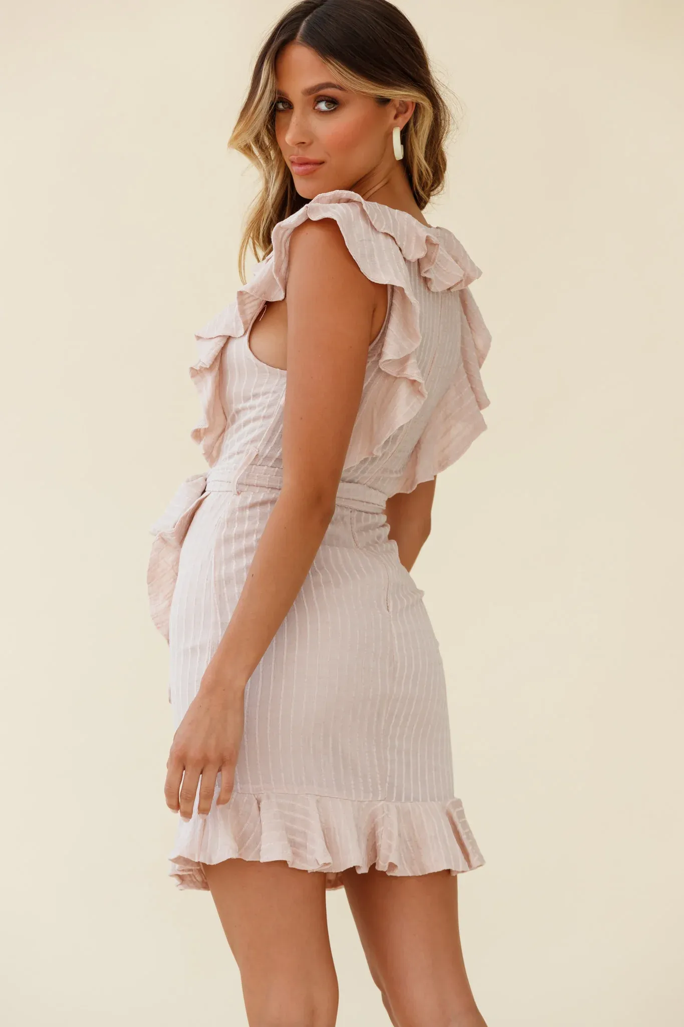 Honor Ruffle Neckline Faux Wrap Dress Nude