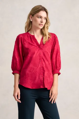 Jacquard Smocked Blouse - Rouge