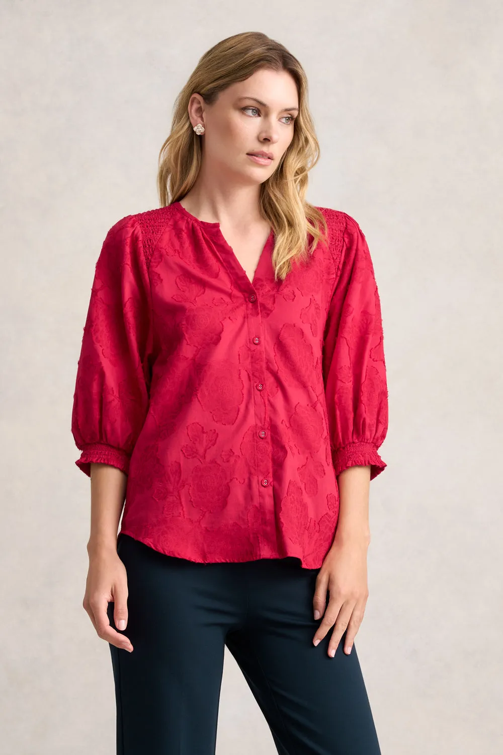 Jacquard Smocked Blouse - Rouge