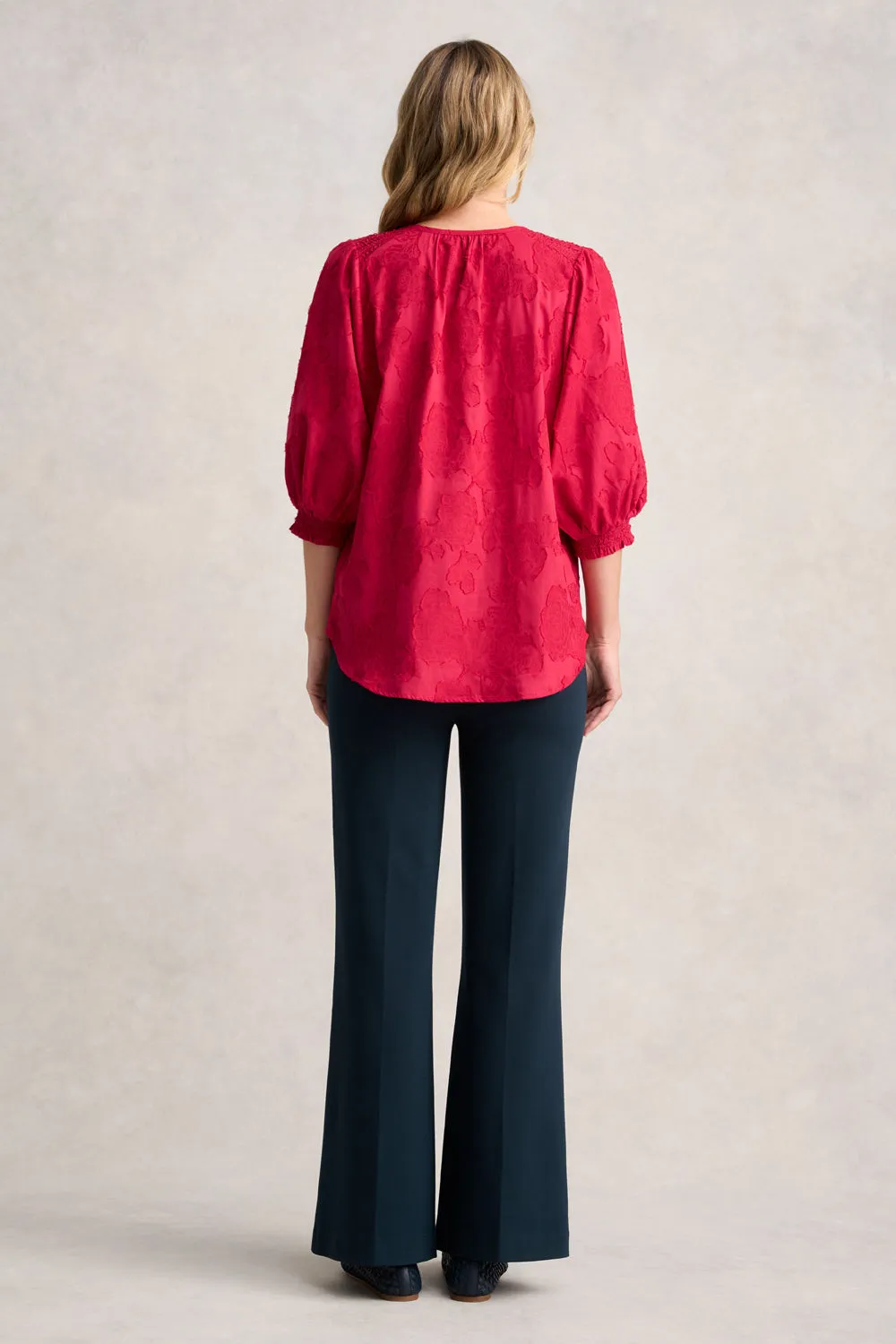 Jacquard Smocked Blouse - Rouge