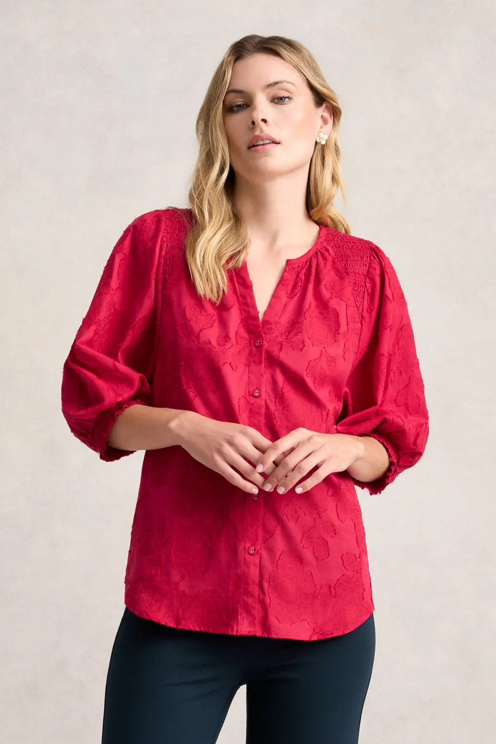 Jacquard Smocked Blouse - Rouge
