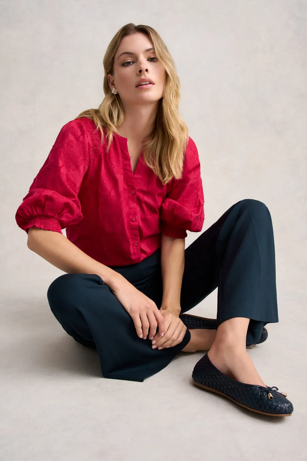 Jacquard Smocked Blouse - Rouge