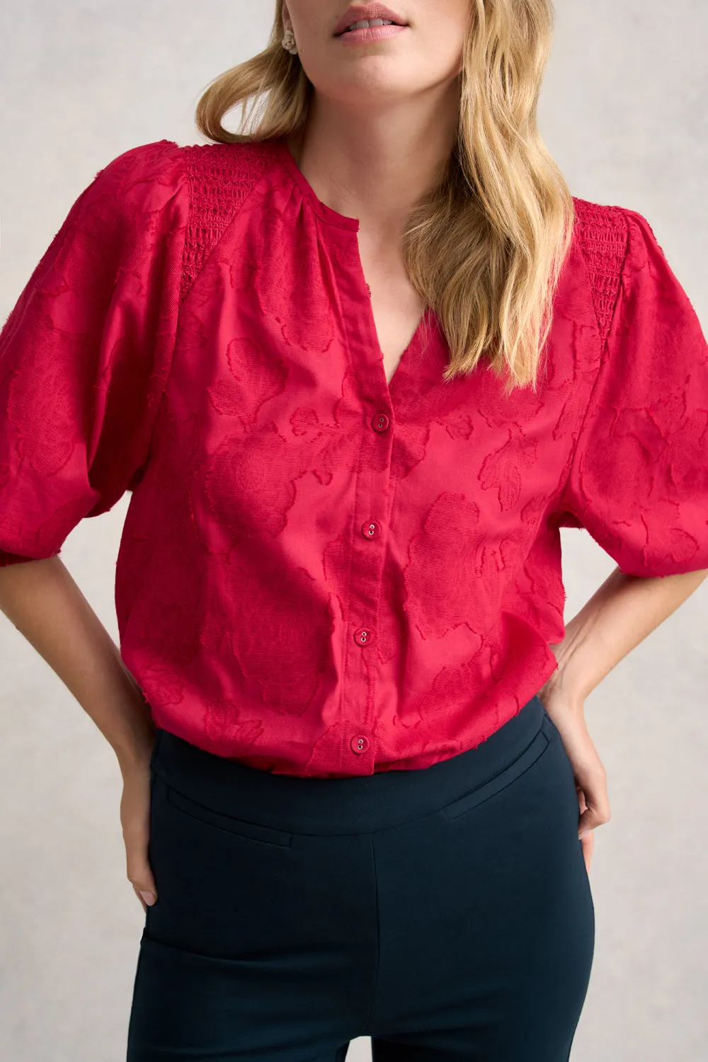 Jacquard Smocked Blouse - Rouge