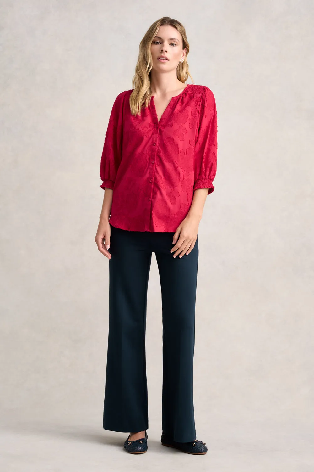 Jacquard Smocked Blouse - Rouge