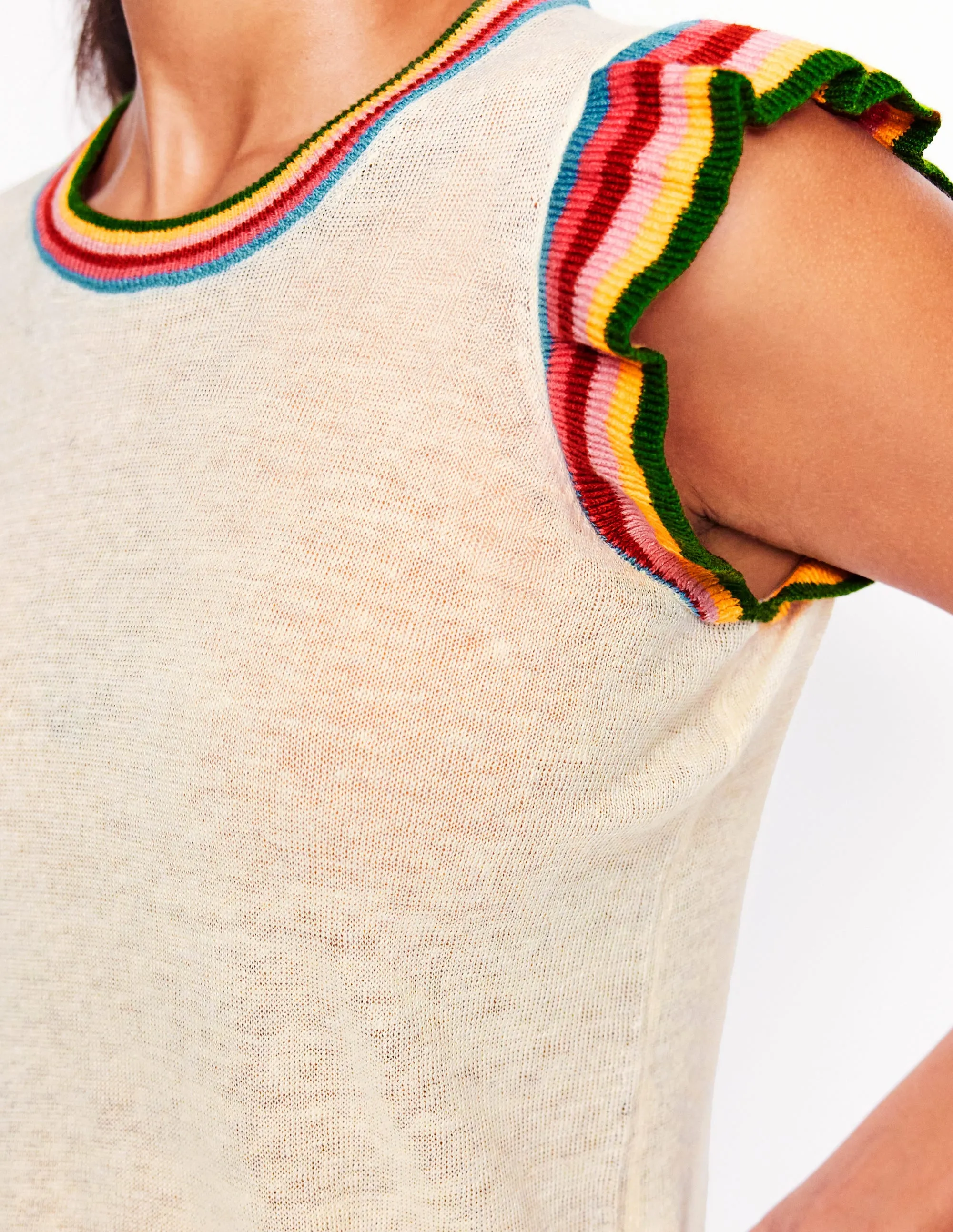 Josie Frilled Linen Tank-Warm Ivory. Multi Stripe