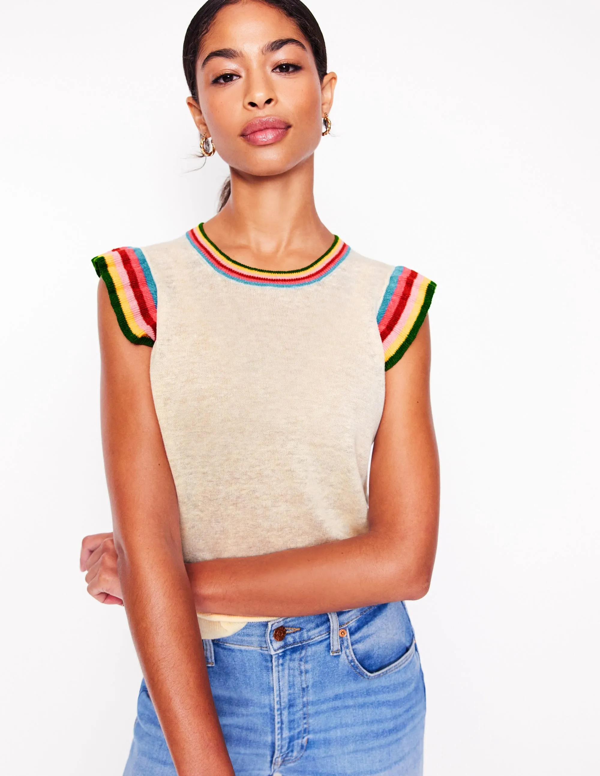 Josie Frilled Linen Tank-Warm Ivory. Multi Stripe