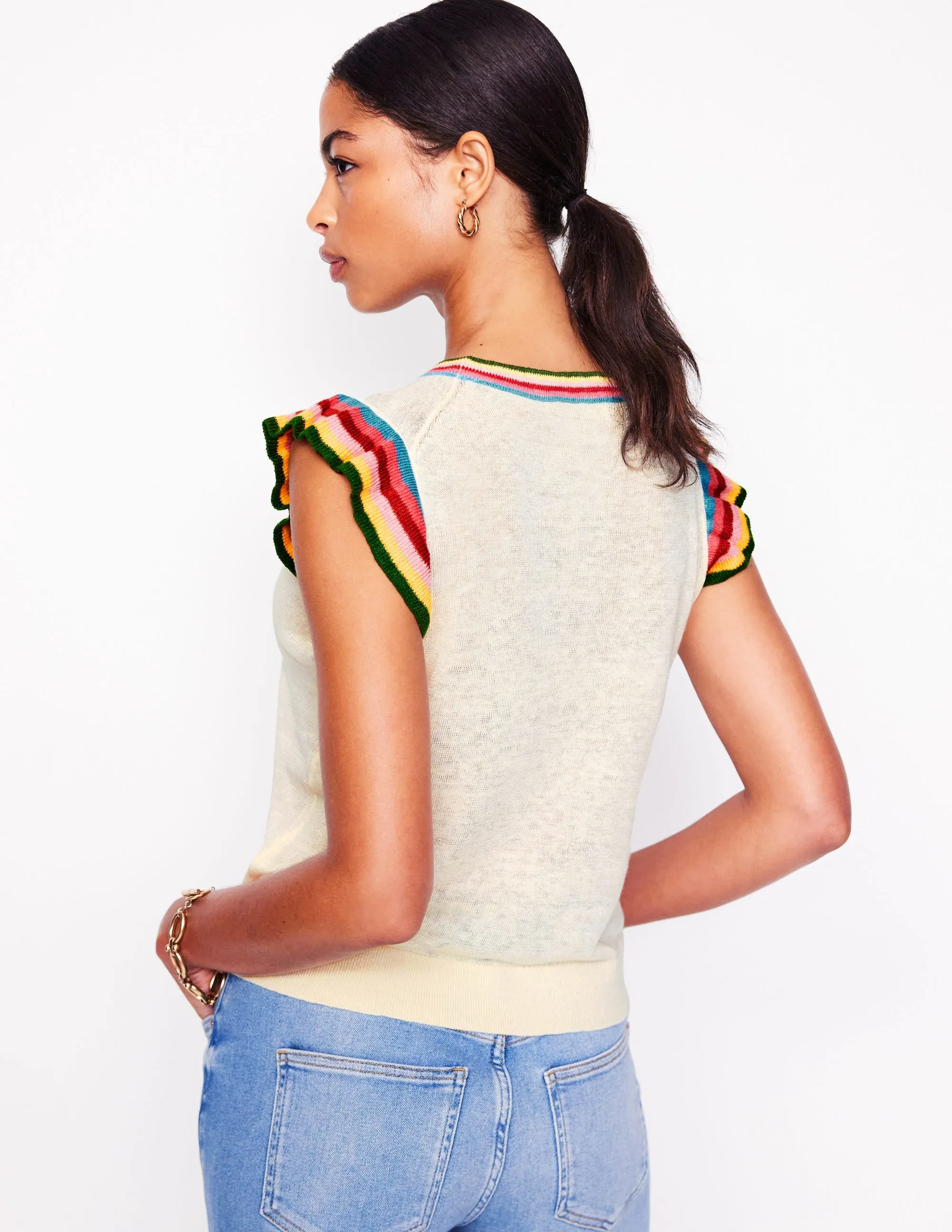 Josie Frilled Linen Tank-Warm Ivory. Multi Stripe