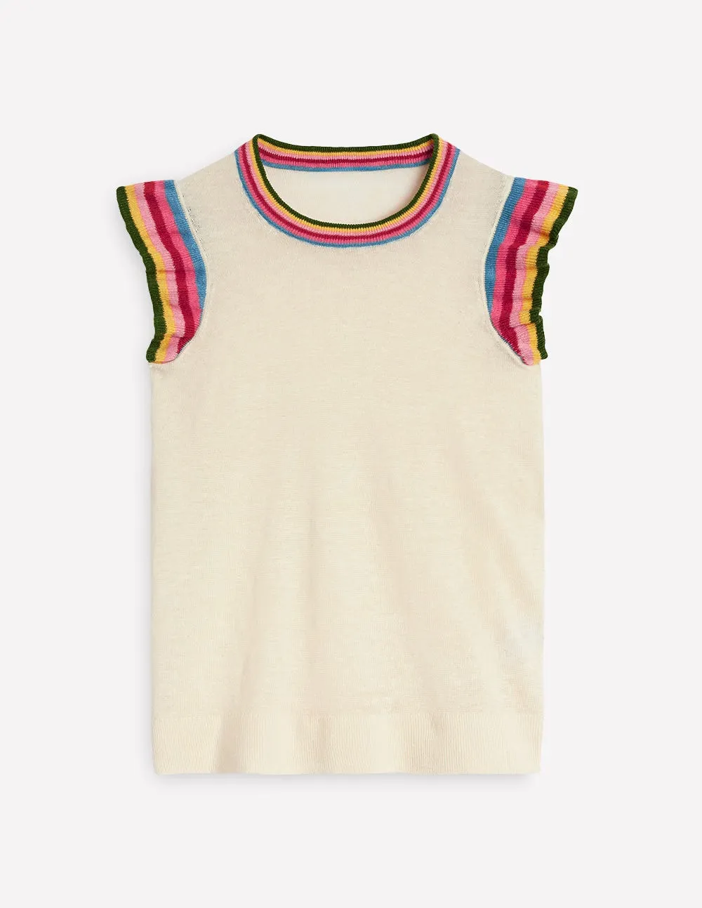 Josie Frilled Linen Tank-Warm Ivory. Multi Stripe