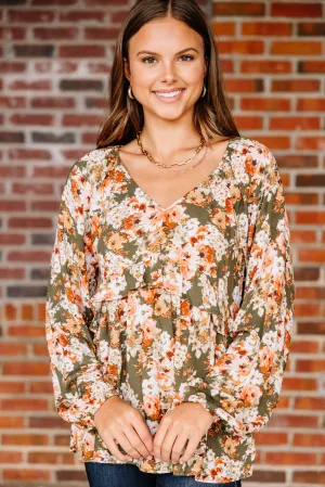 Live For Fun Olive Green Floral Blouse