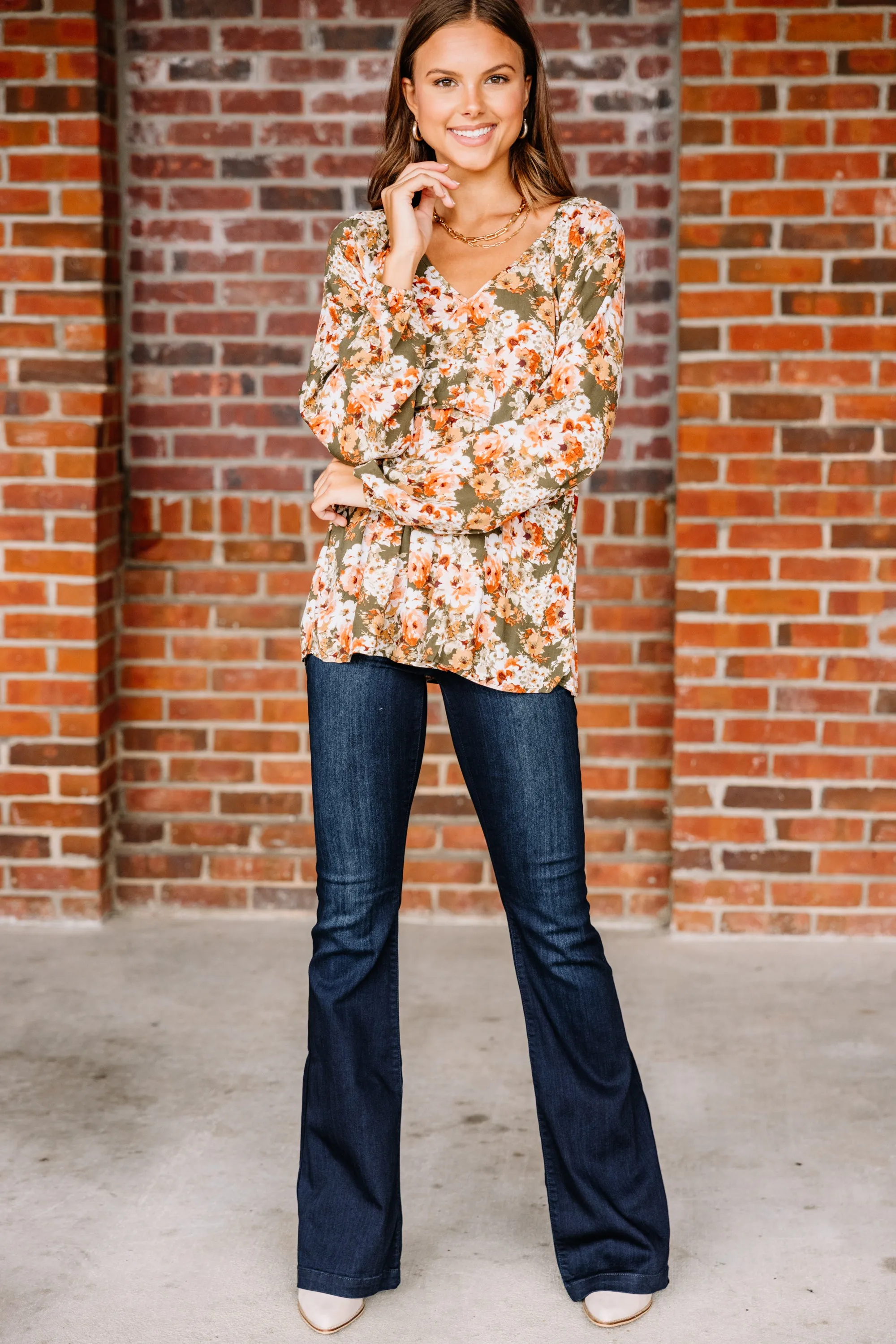 Live For Fun Olive Green Floral Blouse