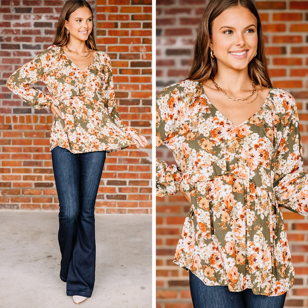 Live For Fun Olive Green Floral Blouse